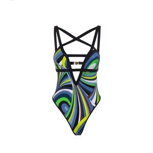 Blue and green swimsuit from Emilio Pucci featuring stretch-design worn once